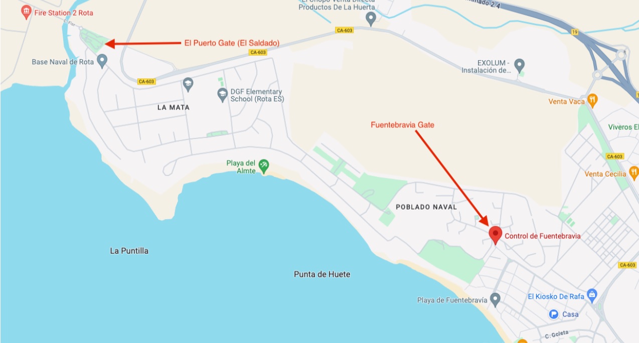 Map showing the locations of El Puerto Gate (El Salado) and Fuentebravía Gate on the El Puerto side of NAVSTA Rota